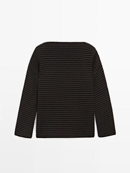 Massimo Dutti Свитер из 100% шерсти в полоску, шоколадный