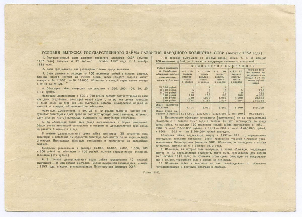 Облигация 10 рублей 1952 год. Серия № 127198. XF