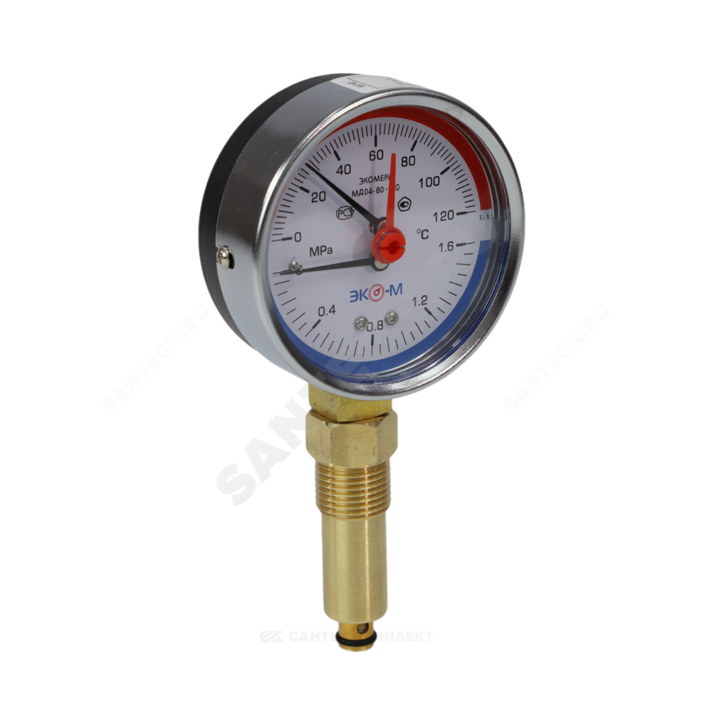 Термоманометр МД04 радиальный Дк80 0-0,6 МПа L=40мм G1/4" 120С с переходником на G1/2" ЭКОМЕРА МД04-80-G-0,6МПа-120-L-40-РИ
