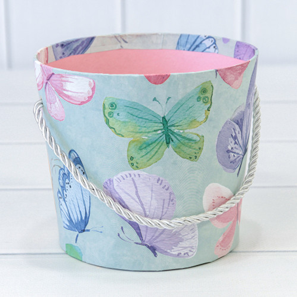 Коробка Ваза для цветов 15х13 см "Бабочки" с ручкой (Бирюзовый)