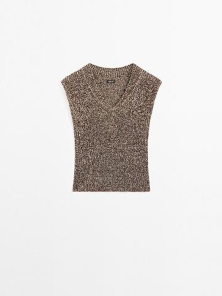 Massimo Dutti Топ из хлопка мулине с V-образным вырезом, коричневый
