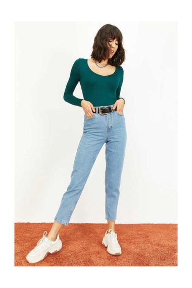 Qadın üçün Mom Stile mavi cins şalvar 1006W1000