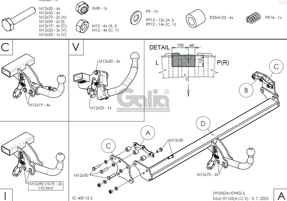 Фаркоп оцинкованный для Hyundai Ioniq 6 2022- быстросъемное крепление шара, Galia.H113C