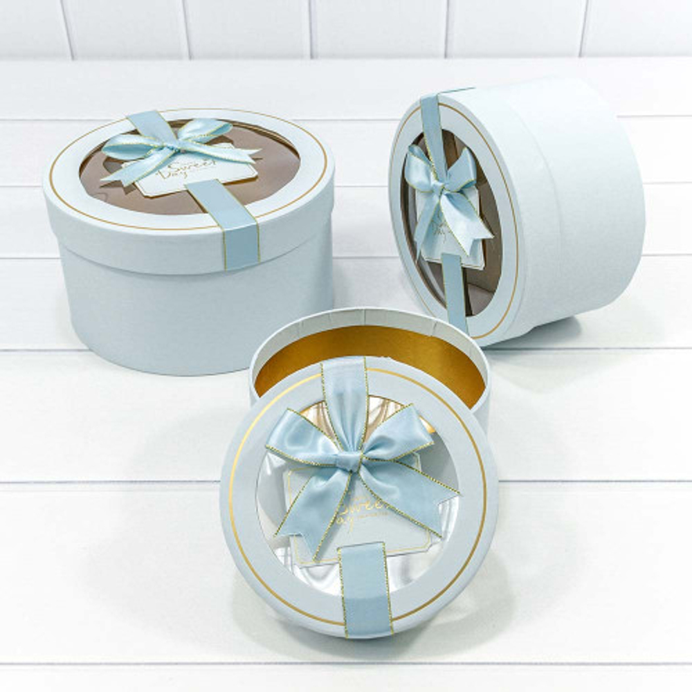 Коробка 21х11.5 см Набор 3 шт с окошком и бантом (Голубой)