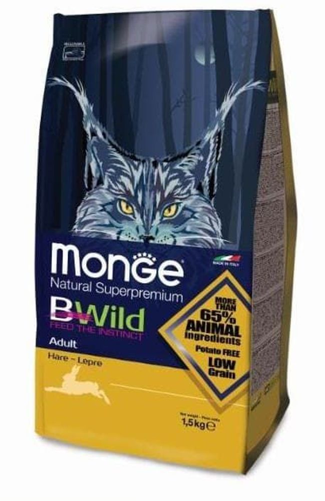 Monge 1,5кг Bwild Cat Hare малозерновой корм для взрослых кошек с мясом зайца Monge 1,5кг Bwild Cat Hare малозерновой корм для взрослых кошек с мясом зайца