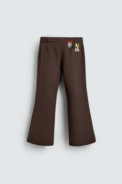 ZARA X DISNEY БРЮКИ КЛЕШ С НАШИВКАМИ, КОРИЧНЕВЫЙ