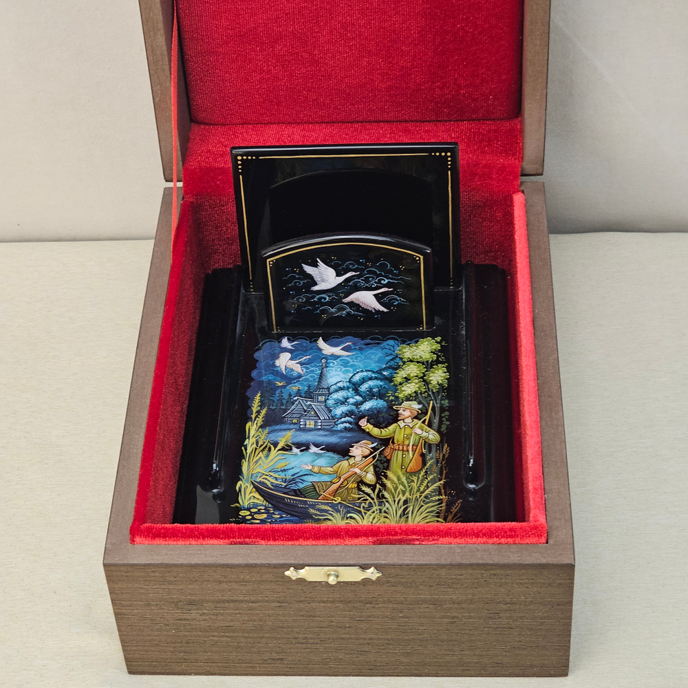 Подставка для блока для записей ручной росписью Палех "Охотник"