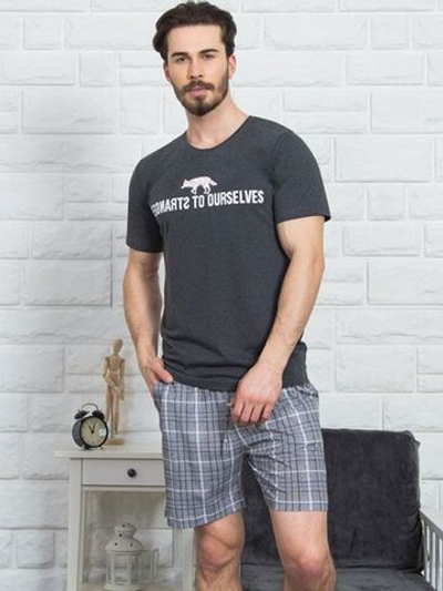 Мужской комплект с клетчатыми шортами (Размер: XL) (Цвет: темно-серый)