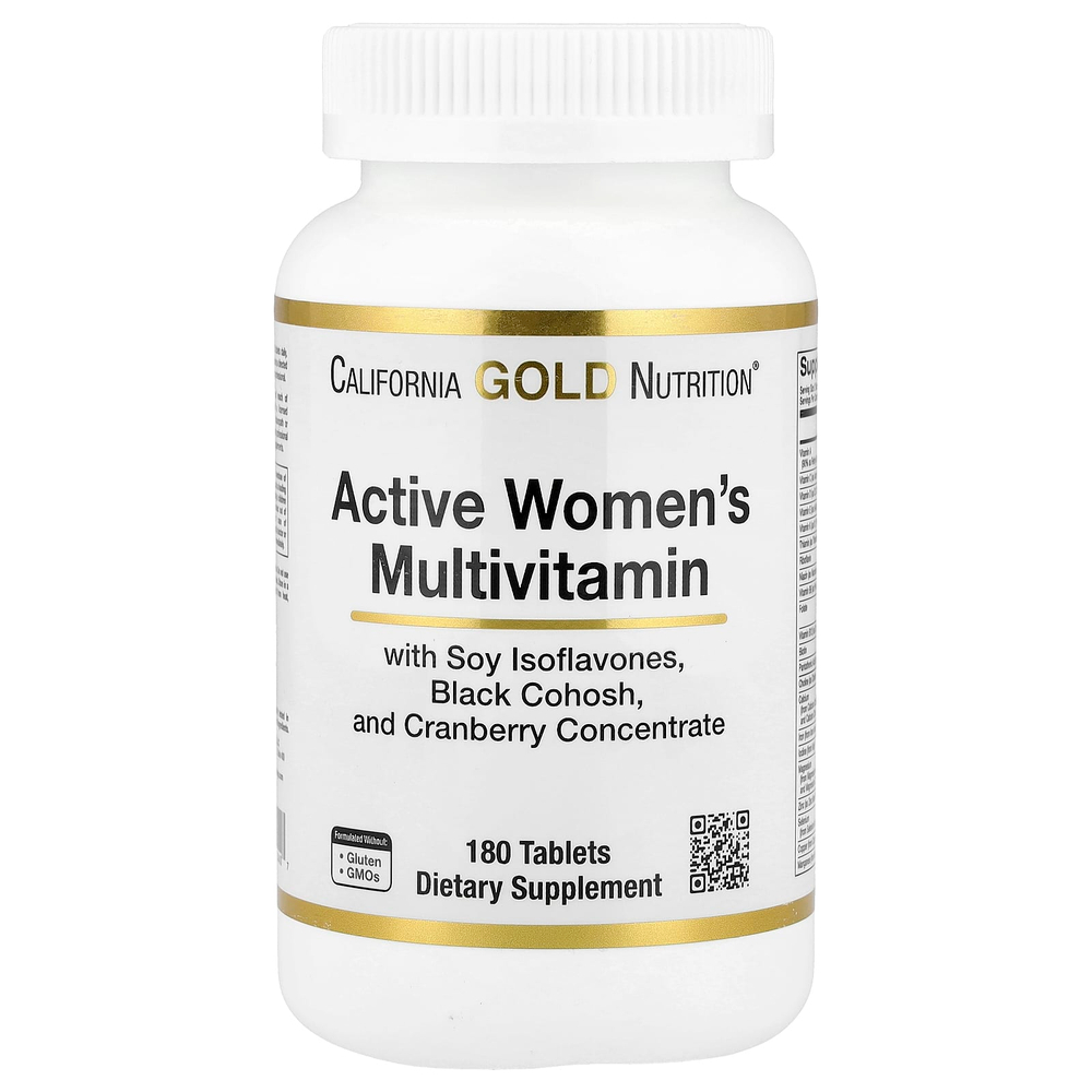 California Gold Nutrition, мультивитамины для активных женщин, с воронцом кистевидным, изофлавонами сои и концентратом клюквы, 180 таблеток