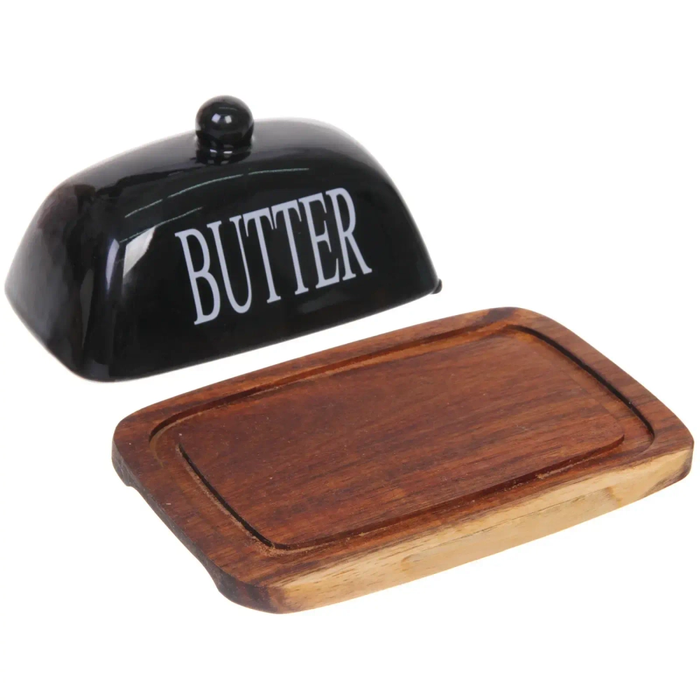 Масленка деревянная «White magic» 18*11,5*7см с крышкой из керамики, черная