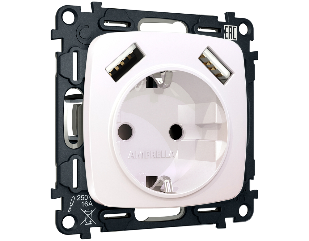 MO209010 Комплект механизма электрической розетки OMEGA Жемчуг 2USB A+A 18W (быстрая зарядка) с/з QUANT (OP2090, VM155)