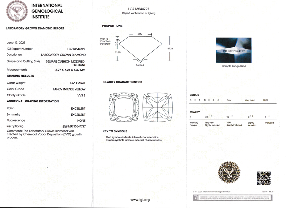 Лабораторно-выращенный бриллиант кушон 6.27 х 6.24 х 4.32 мм Fancy INTENSE YELLOW/VVS2 1.66 ct