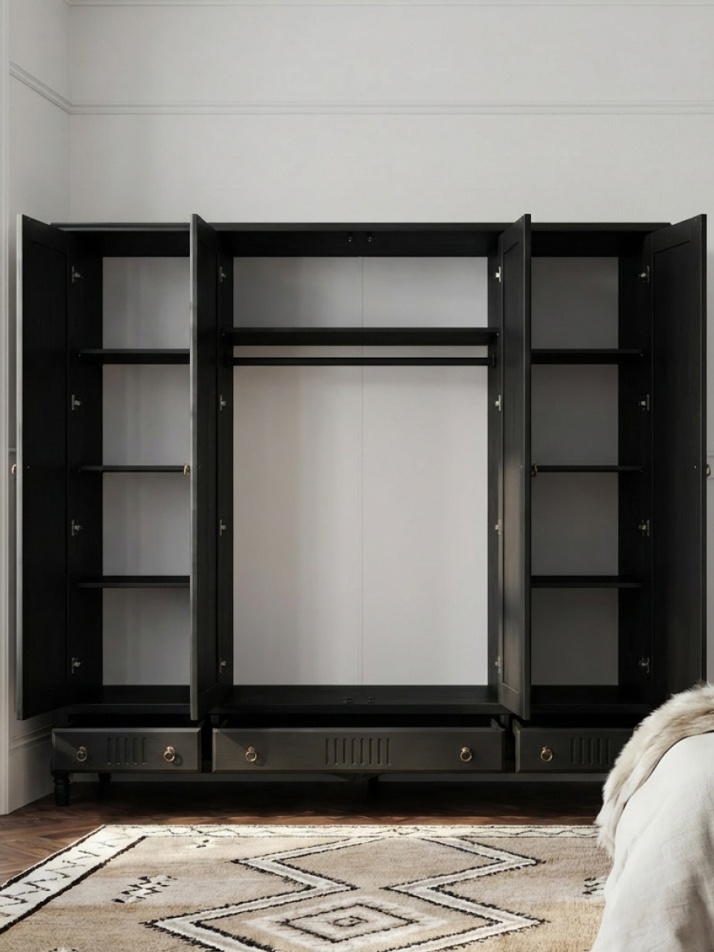 Шкаф 233х68х220, Джоли, распашной, 4 двери, с ящиками для одежды, из массива березы, черный, Makosa