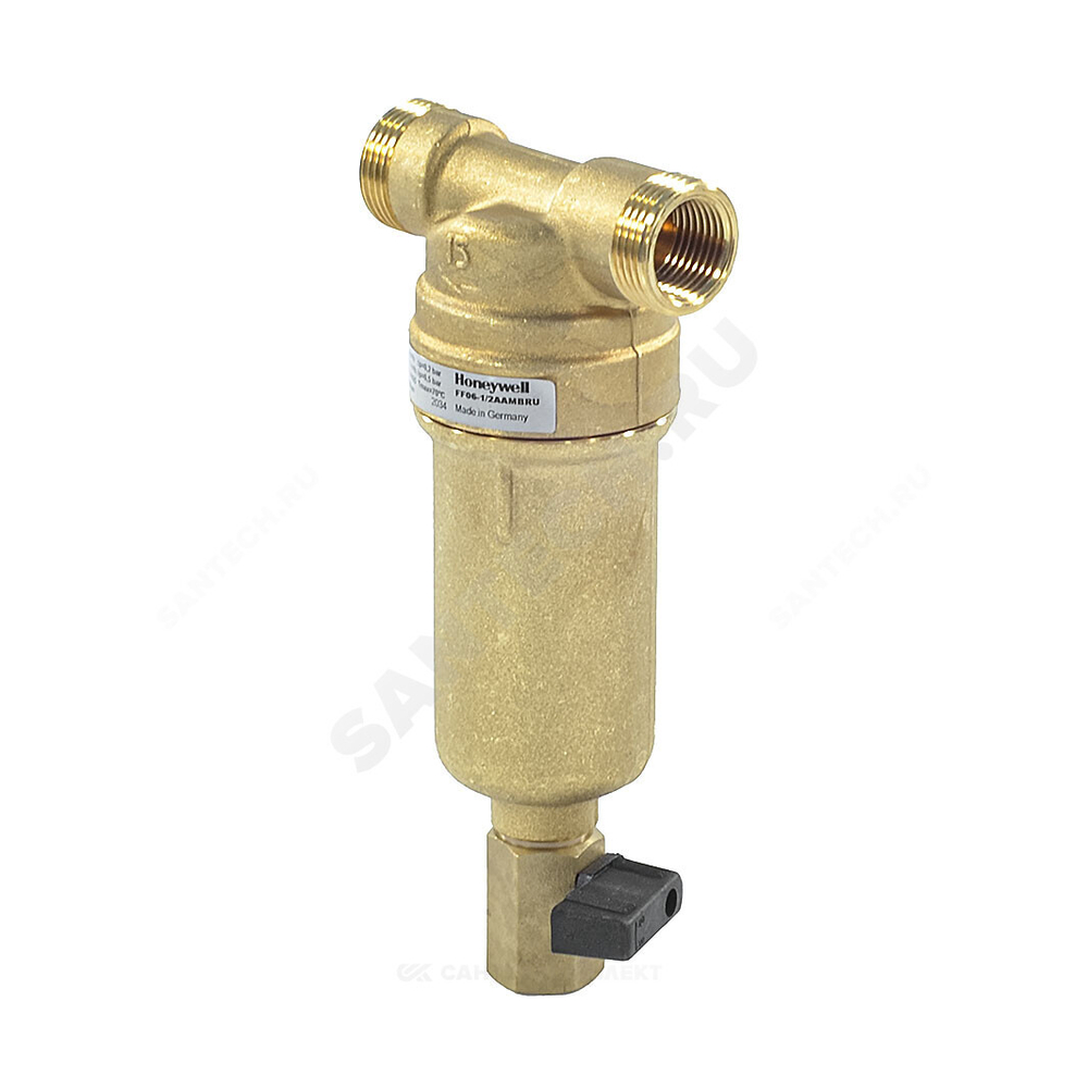 Фильтр сетчатый T-образный латунь Ду 25 Ру25 Тмакс=80 oC G1" НР FF06 с краном Honeywell-Braukmann FF06-1"AAM