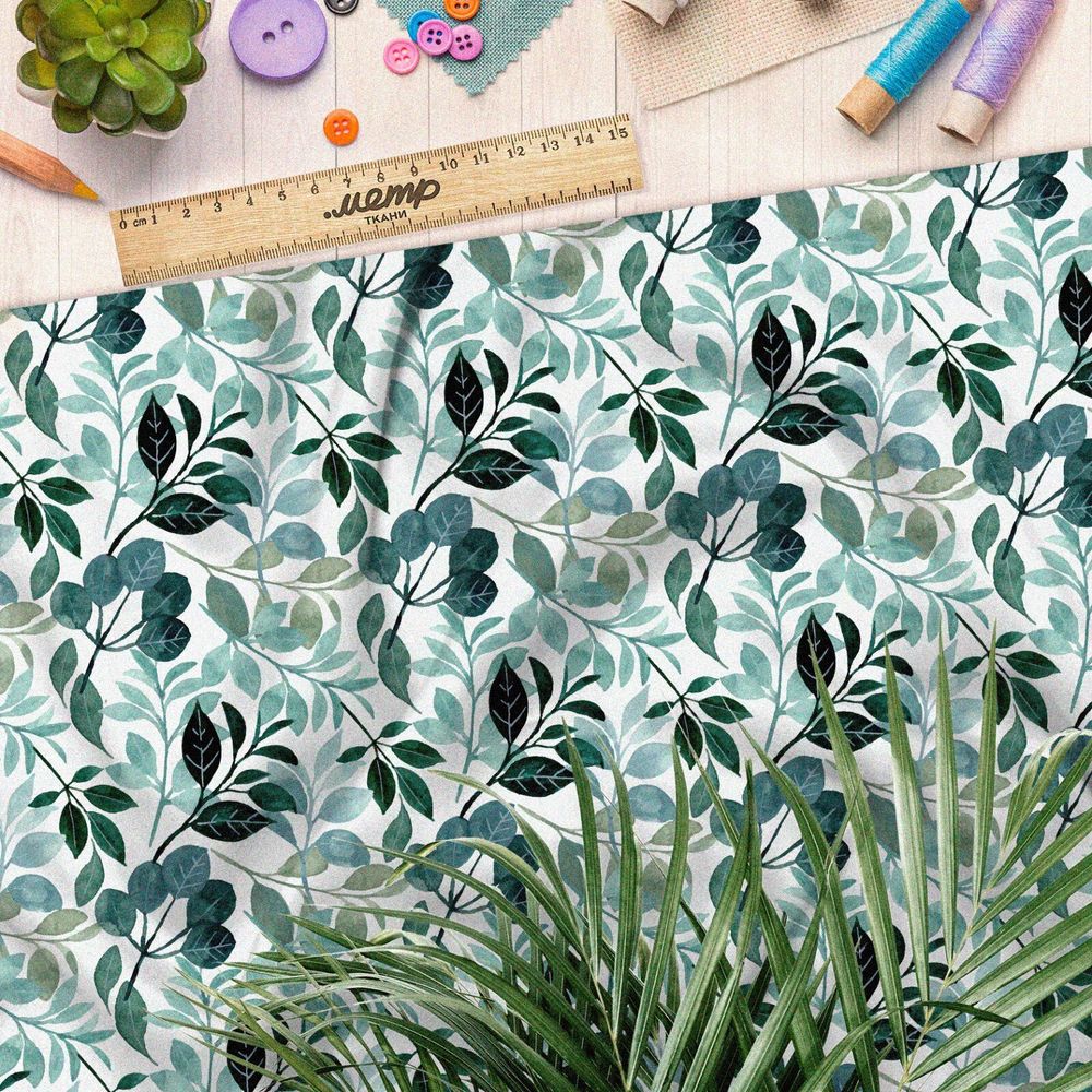 Ткань блэкаут акварельные листочки и цветочки