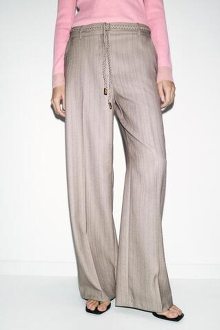 ZARA БРЮКИ В ЕЛОЧКУ С ПЛЕТЕНЫМ ПОЯСОМ, КАМЕННО-СЕРЫЙ