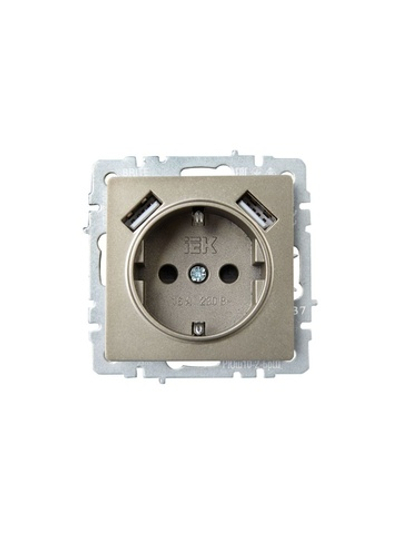 Розетка BRITE РЮш10-2-БрШ 16А с USB A+A 3.1А с заземл. защ. шторки механизм шампань IEK BR-R14-16-U21-D31-K37