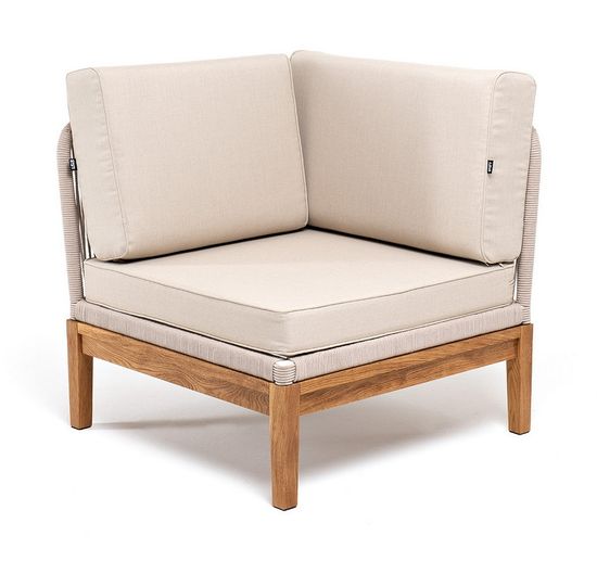 "Канны" угловой модуль плетеный из роупа, основание дуб, роуп бежевый круглый, ткань бежевая 15052