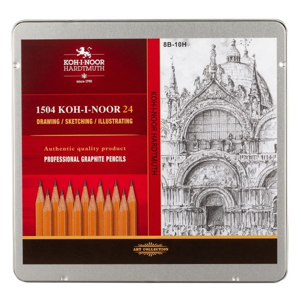Набор чернографитных карандашей KOH-I-NOOR 1504 ART 8B-2H, 24шт, металл. коробка