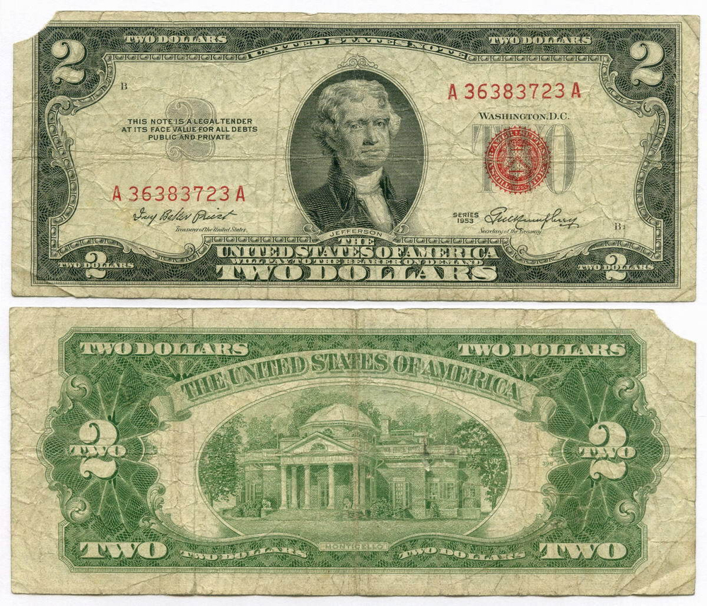 Банкнота США 2 доллара 1953 A 36383723 A. G