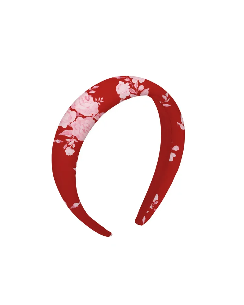Noelia ободок широкий из красного крепдешина с крупным светло-розовым принтом