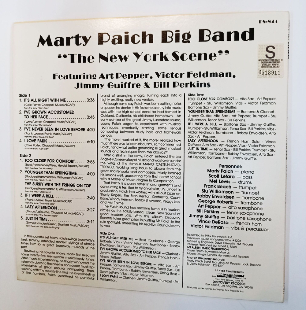 Винтажная виниловая пластинка LP Marty Paich Big Band The New York Scene (USA 1988)
