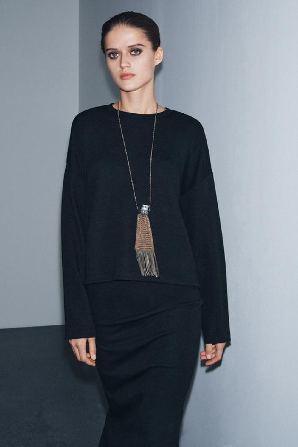 ZARA ЮБКА МИДИ ИЗ МЯГКОЙ ТКАНИ, ЧЕРНЫЙ МЕЛАНЖ