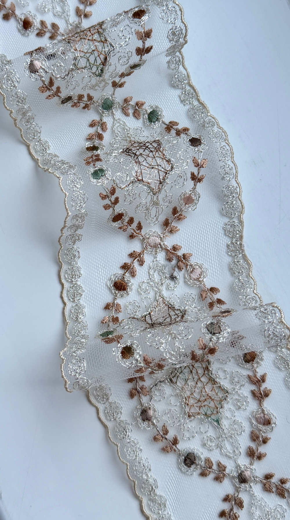 Кружево тонкое на сетке цветное ш-8см Франция. (хлопок/шелк). 1 м