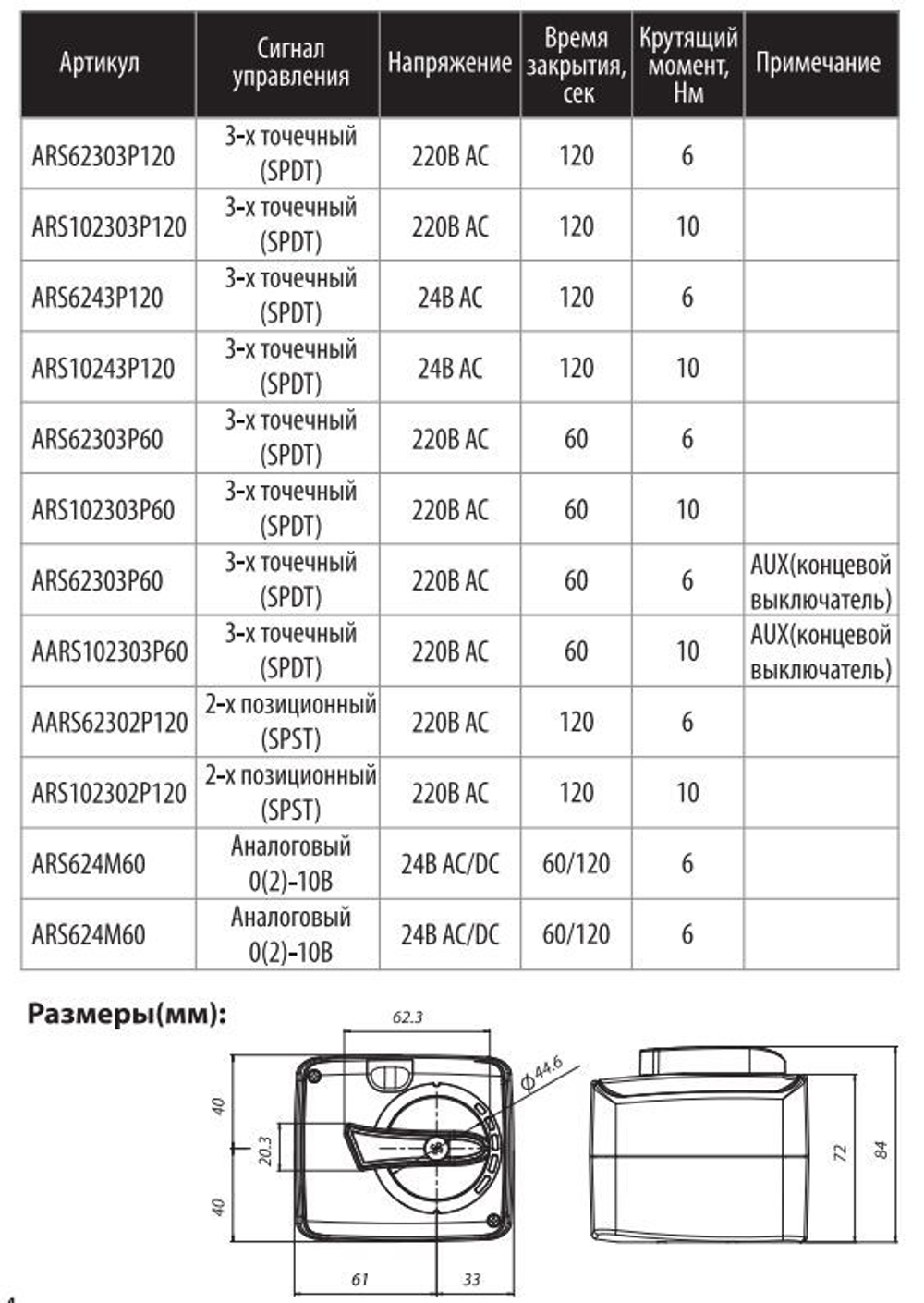 Сервопривод ПОВОРОТНЫЙ 3-ТОЧ. Wester ARS10 220 120s/90 10 Nm, 0-04-3012
