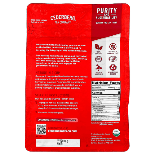 Cederberg Tea Co, органический южноафриканский травяной чай, красный ройбуш, без кофеина, 30 чайных пакетиков, 75 г (2,6 унции)