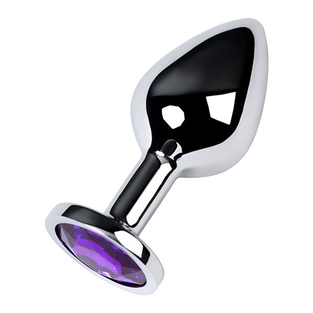 Серебристая коническая анальная пробка 8см с фиолетовым кристаллом ToyFa Metal 717002-4