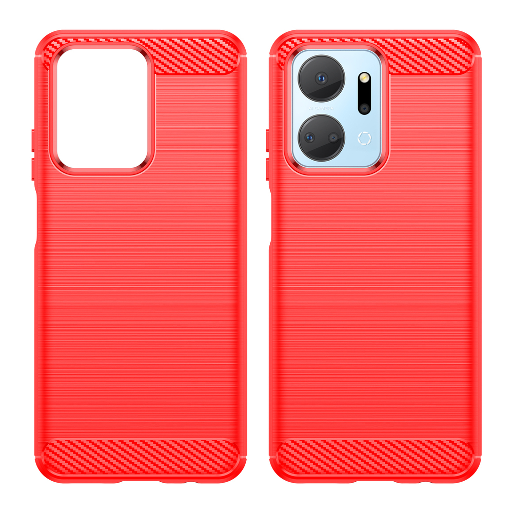 Защитный чехол ярко красного цвета на смартфон Honor X7A, серия Carbon (дизайн в стиле карбон) от Caseport