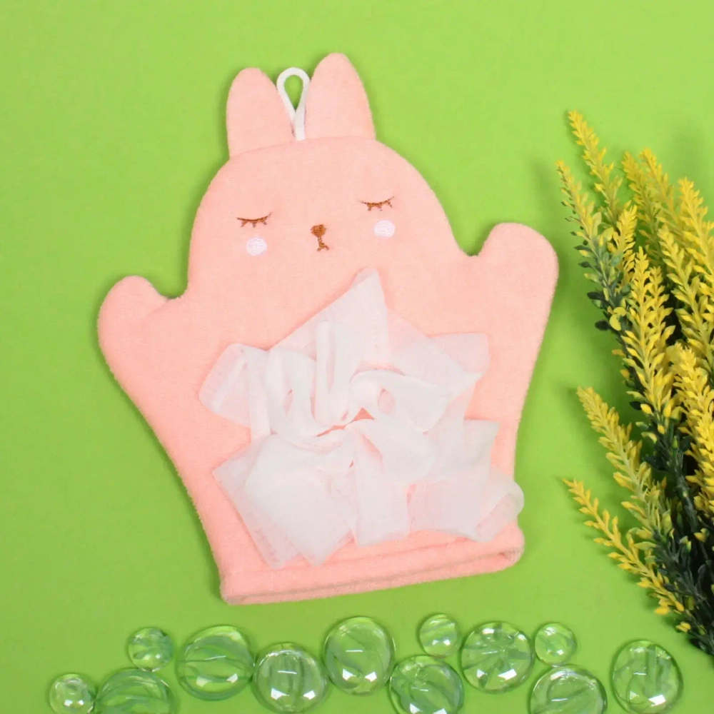 Мочалка-варежка для тела детская «Water Magic - Зайчонок Дэнис», цвет пудровый, 18*22 см (ZIP пакет)