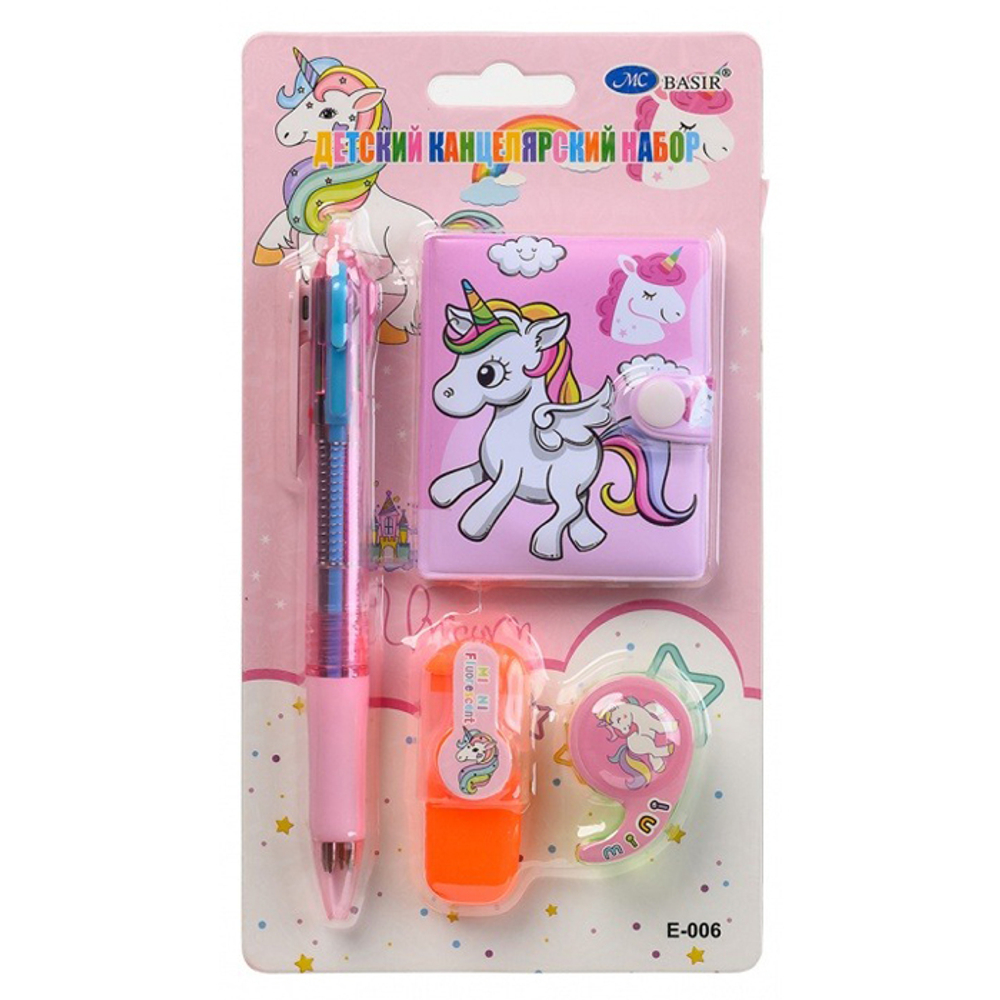 Канцелярский набор Basir с цветным текстовыделителем, 3-ех цветной ручкой, скотчем и блокнотом, серия "Единорог", ассорти, 19.7*11 см