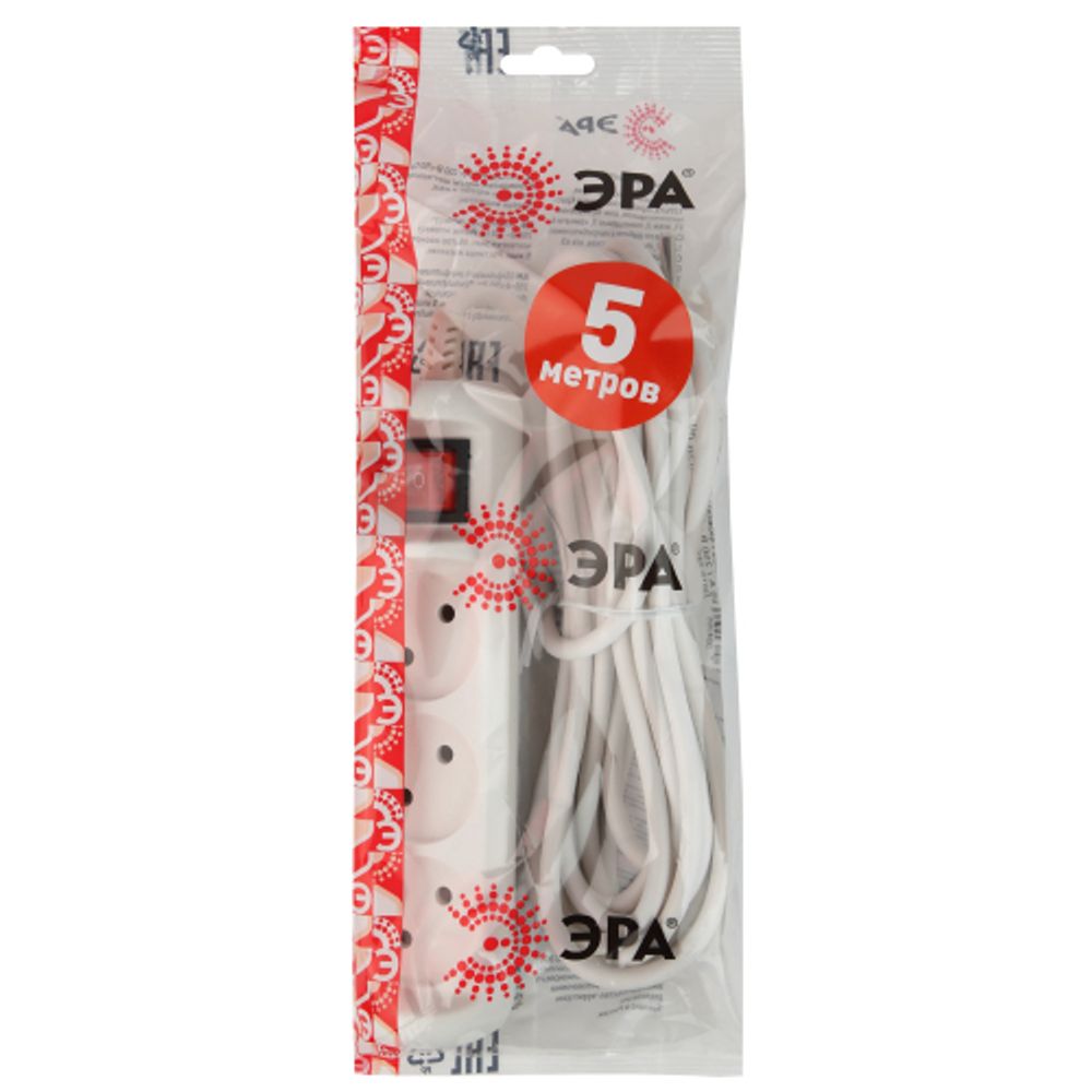 Удлинитель электрический ЭРА U-3s-5m-2x1 без заземления c выключателем 3 розетки 5м ПВС 2x1мм2 10А | Бытовые удлинители