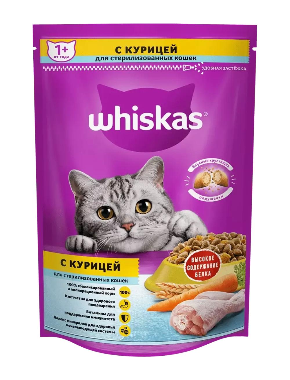 Whiskas корм для стерилизованных кошек с курицей, подушечки с паштетом