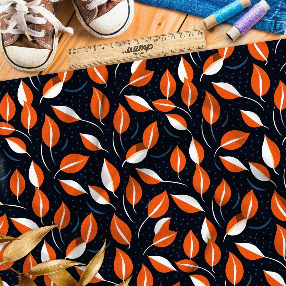 Ткань премиум сатин оранжевые листочки на черном