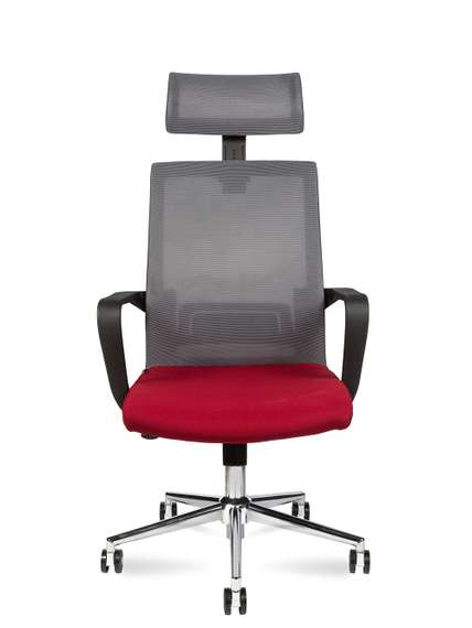 Кресло офисное Интер база хром черный пластик серая сетка вишневая ткань