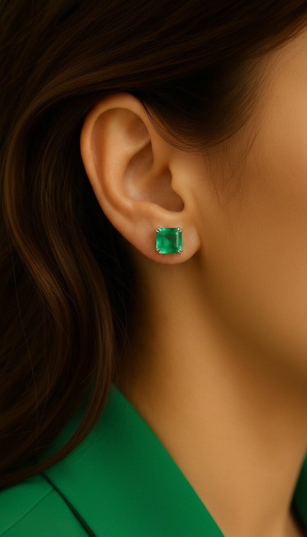 Серебряные серьги-пусеты со светло изумрудным кварцем