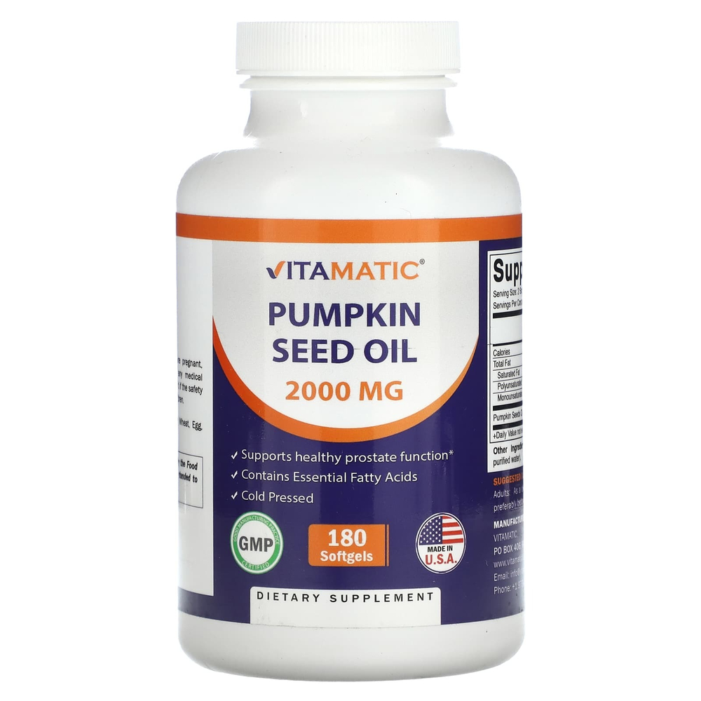 Vitamatic, тыквенное масло, 180 капсул (1000 мг в 1 капсуле)