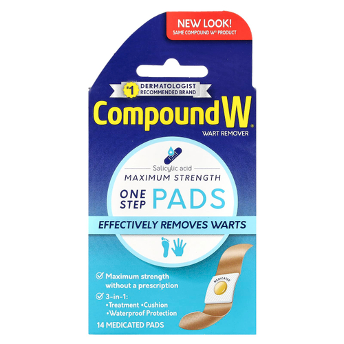 Compound W, средство для удаления бородавок, одноразовые подушечки, максимальная сила действия, 14 подушечек с лекарственным средством