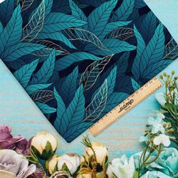 Ткань атлас синие листочки с золотом