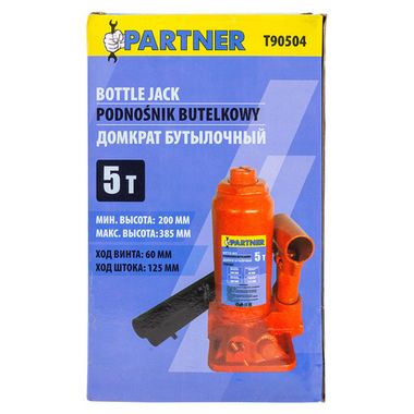 Домкрат бутылочный 5т с клапаном (h min 200мм, h max 385мм, ход штока-125мм, ход винта-60мм) Partner PA-T90504