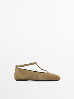 Massimo Dutti Балетки из замши с ремешком на подъеме стопы, серо-коричневый