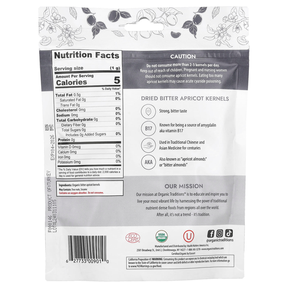 Organic Traditions, Сушеные ядра горького абрикоса, 227 г (8 унций)