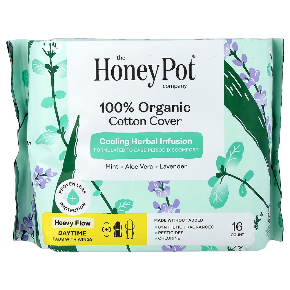 The Honey Pot Company, дневные прокладки с крылышками из 100% органического хлопка, плотные, 16 шт.