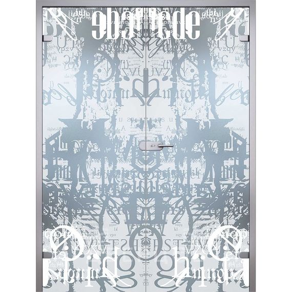 Фото стеклянной распашной двухстворчатой двери Графитти бесцветное матовое с алюминиевой коробкой