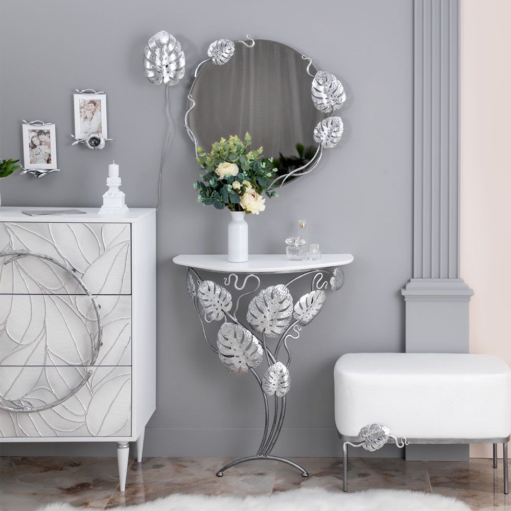 Консоль Monstera Deliciosa Wood (Монстера) Айс Античное серебро