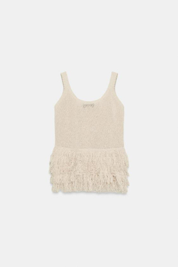 ZARA ТРИКОТАЖНЫЙ ТОП С БАХРОМОЙ, ЭКРЮ