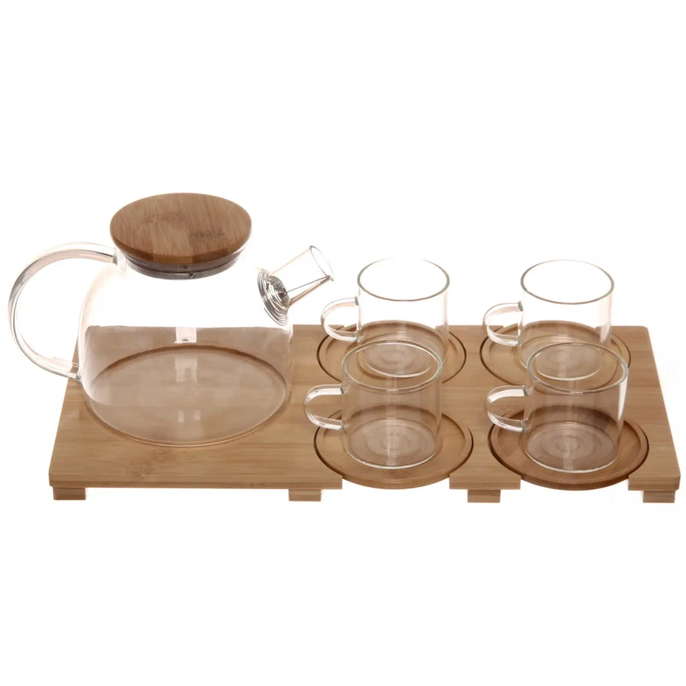 Чайный набор 10 предметов «Хай-Тек» (Чайник заварочный 1л+4кружки 140мл+блюдца) стеклянный на подносе